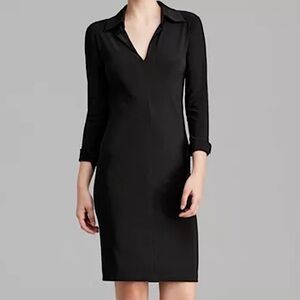 Diane Von Furstenberg Black Sheath Dress 3/4 Sleeve V-Neck with Collar